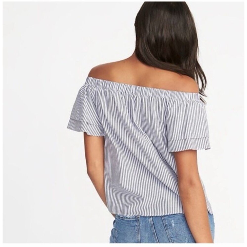 Old Navy Women's 1X Blue White Striped Off Shoulder Cotton Top Coastal Boho - Picture 8 of 15